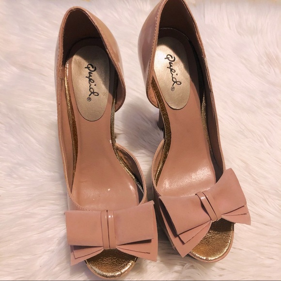 Qupid Shoes - Blush Peep Toe Bow Patent Stilettos